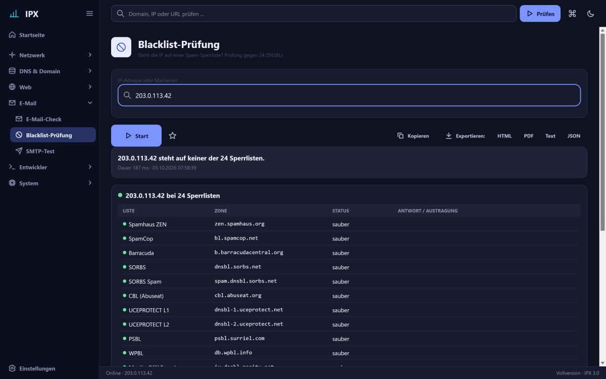 IPX: Blacklist-Prüfung – Steht die IP auf einer Spam-Sperrliste? Prüfung gegen 24 DNSBLs mit Link zur Austragung.