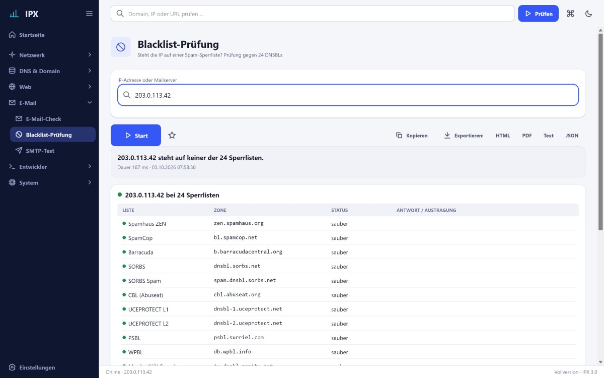 IPX: Blacklist-Prüfung – Steht die IP auf einer Spam-Sperrliste? Prüfung gegen 24 DNSBLs mit Link zur Austragung.