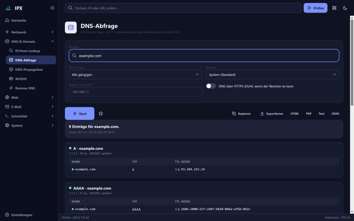 DNS-Abfrage: alle Record-Typen von example.com mit TTL