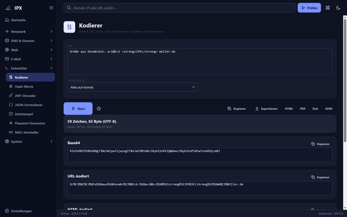 IPX: Kodierer – Base64, URL, HTML, Hex und Punycode – kodieren und dekodieren, alles lokal.