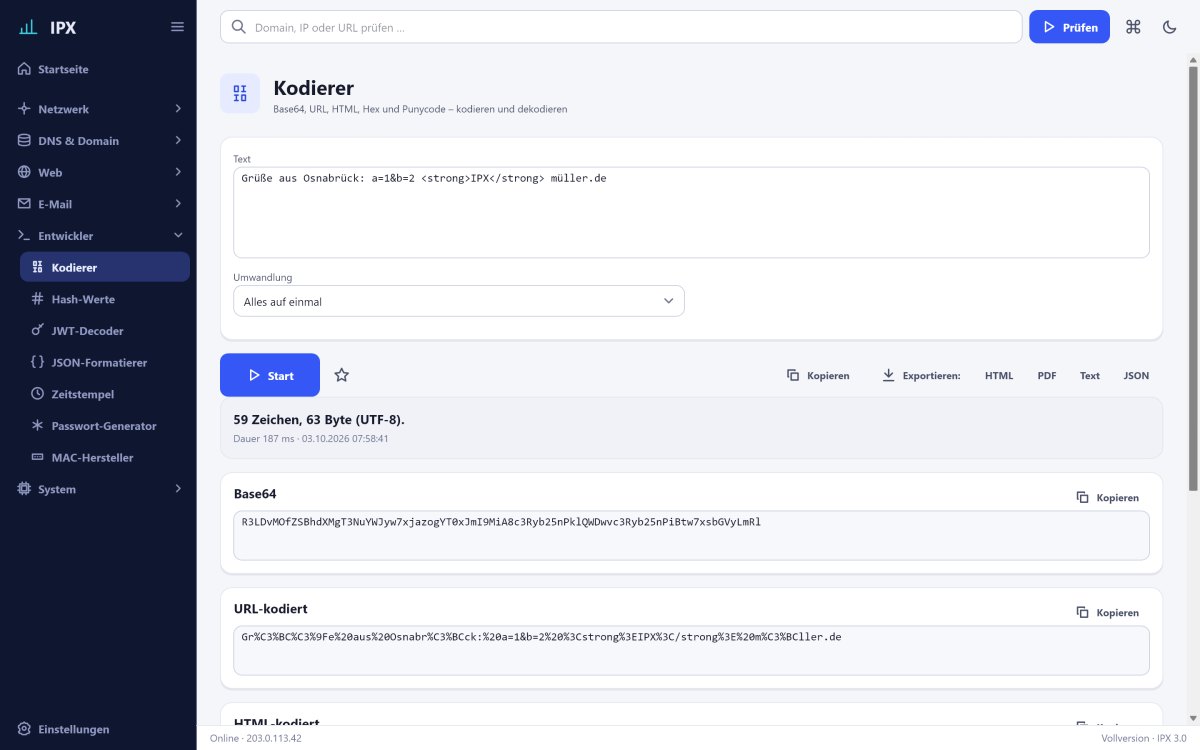 IPX: Kodierer – Base64, URL, HTML, Hex und Punycode – kodieren und dekodieren, alles lokal.