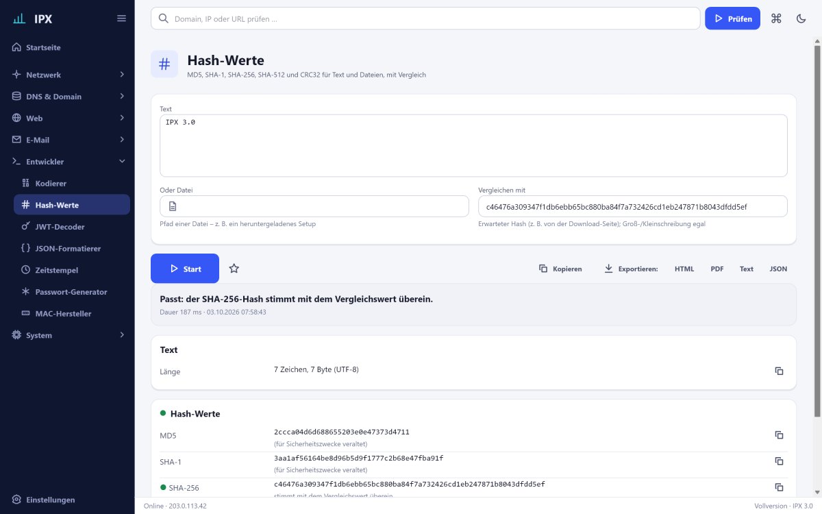 IPX: Hash-Werte – MD5, SHA-1, SHA-256, SHA-512 und CRC32 für Text und Dateien, mit Vergleich für Downloads.