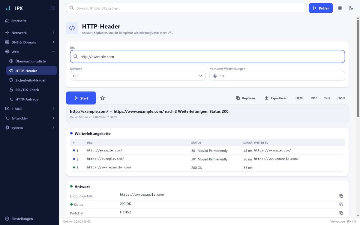 IPX: HTTP-Header – Antwort-Kopfzeilen und die komplette Weiterleitungskette einer URL mit Status und Dauer.