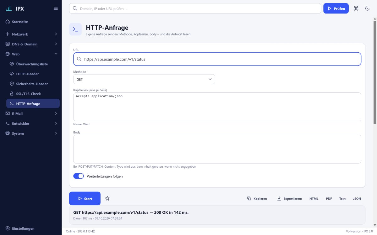 IPX: HTTP-Anfrage – Eigene Anfrage senden: Methode, Kopfzeilen, Body – und die Antwort lesen (JSON formatiert).