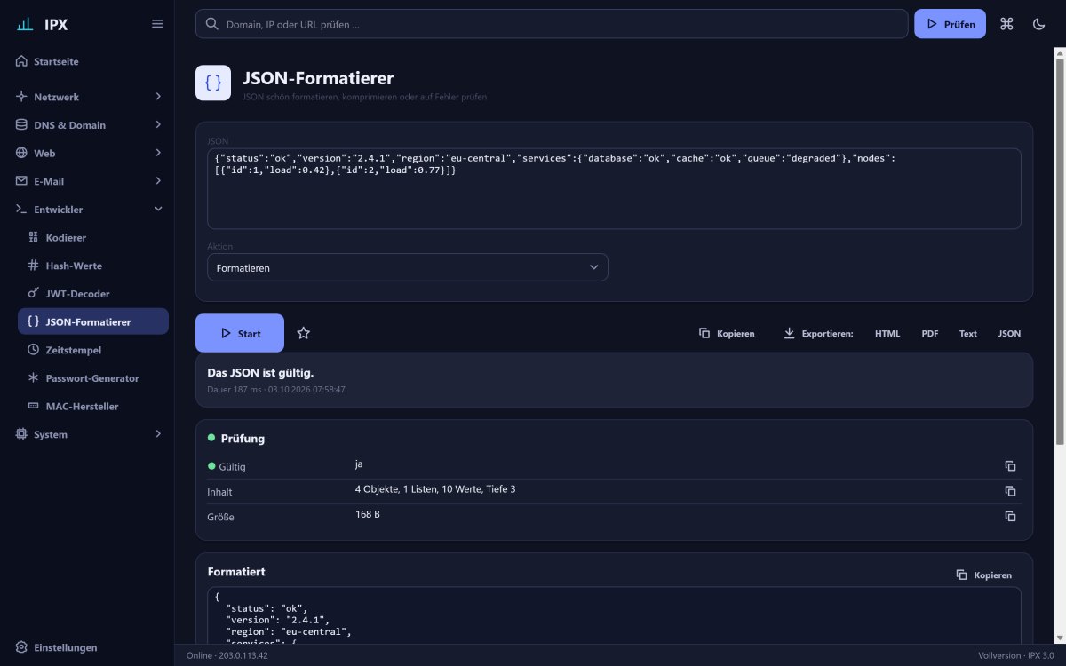 IPX: JSON-Formatierer – JSON formatieren, komprimieren oder auf Fehler prüfen.