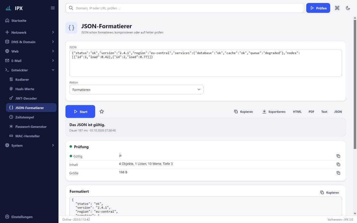 IPX: JSON-Formatierer – JSON formatieren, komprimieren oder auf Fehler prüfen.