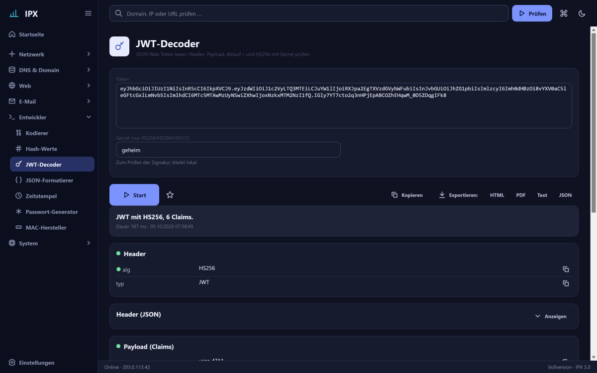 IPX: JWT-Decoder – JSON Web Token lesen: Header, Payload, Ablauf – und HS256 mit Secret prüfen.