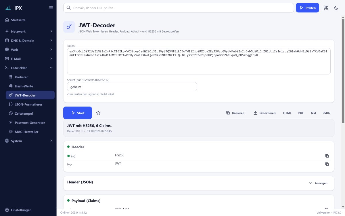 IPX: JWT-Decoder – JSON Web Token lesen: Header, Payload, Ablauf – und HS256 mit Secret prüfen.