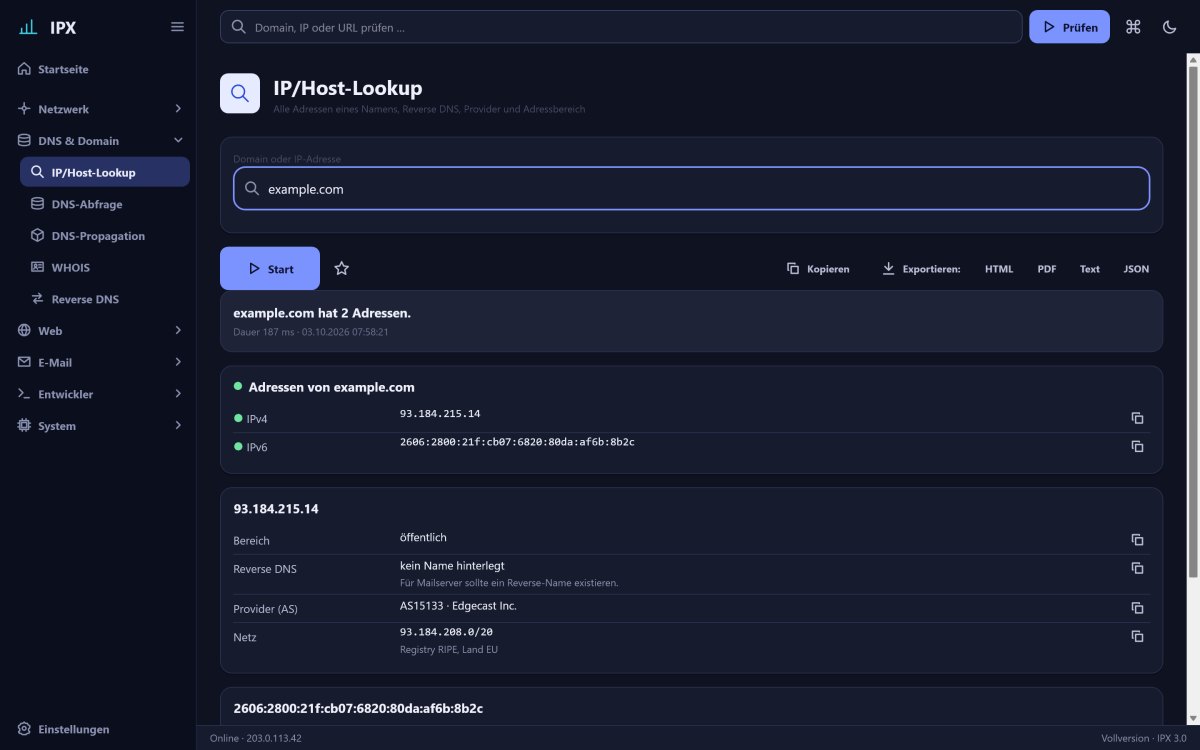 IPX: IP/Host-Lookup – Alle Adressen eines Namens, Reverse DNS, Provider und Adressbereich auf einen Blick.