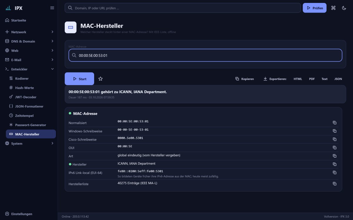 IPX: MAC-Hersteller – Welcher Hersteller steckt hinter einer MAC-Adresse? Mit IEEE-Liste, offline.