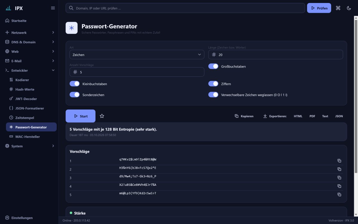 IPX: Passwort-Generator – Sichere Passwörter, Passphrasen und PINs mit dem Zufall des Betriebssystems.