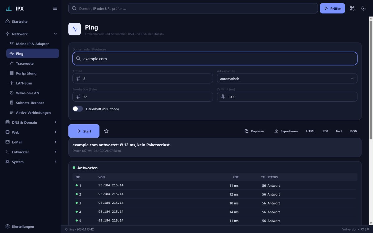 IPX: Ping – Erreichbarkeit und Antwortzeit für IPv4 und IPv6, einzeln oder dauerhaft, mit Statistik und Verlaufskurve.