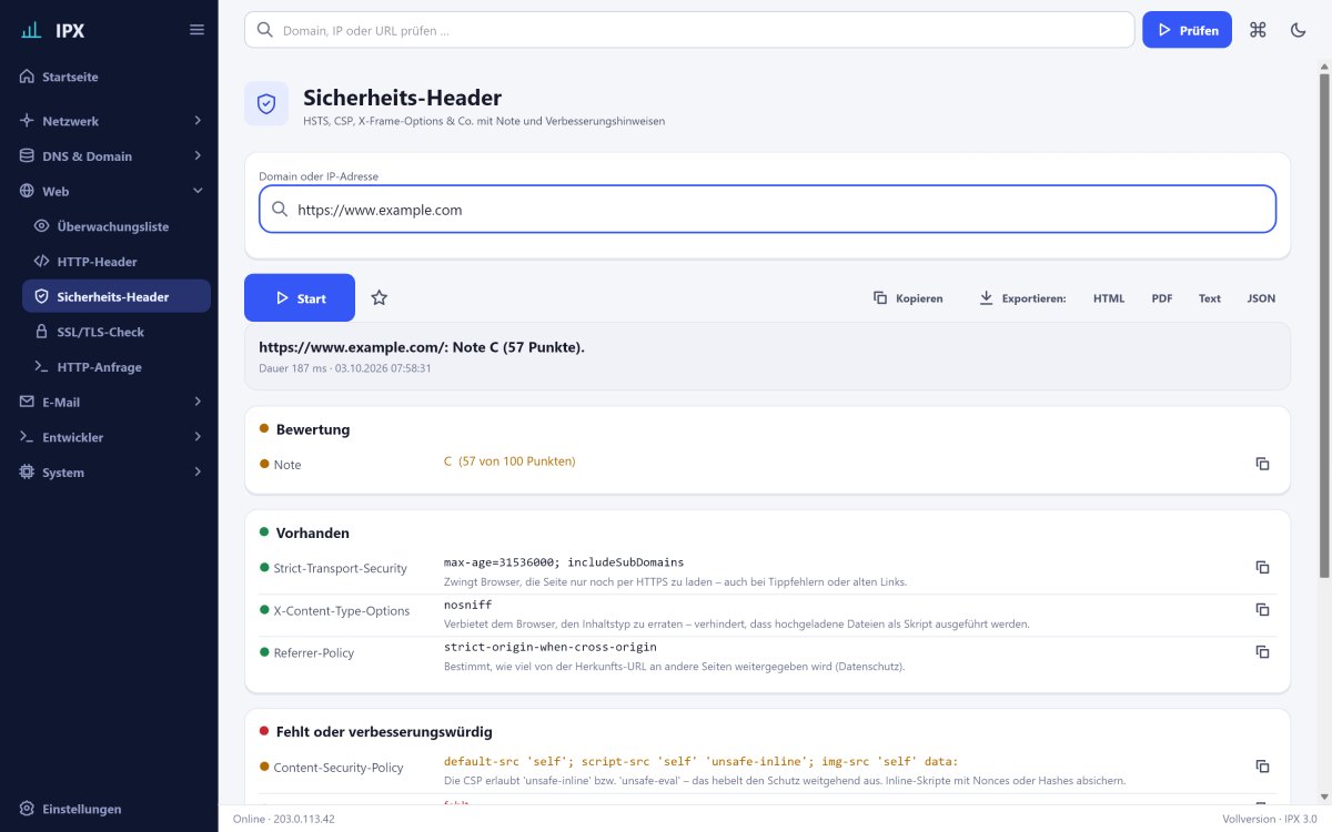 IPX: Sicherheits-Header – HSTS, CSP, X-Frame-Options & Co. mit Note A+ bis F und konkreten Verbesserungshinweisen.