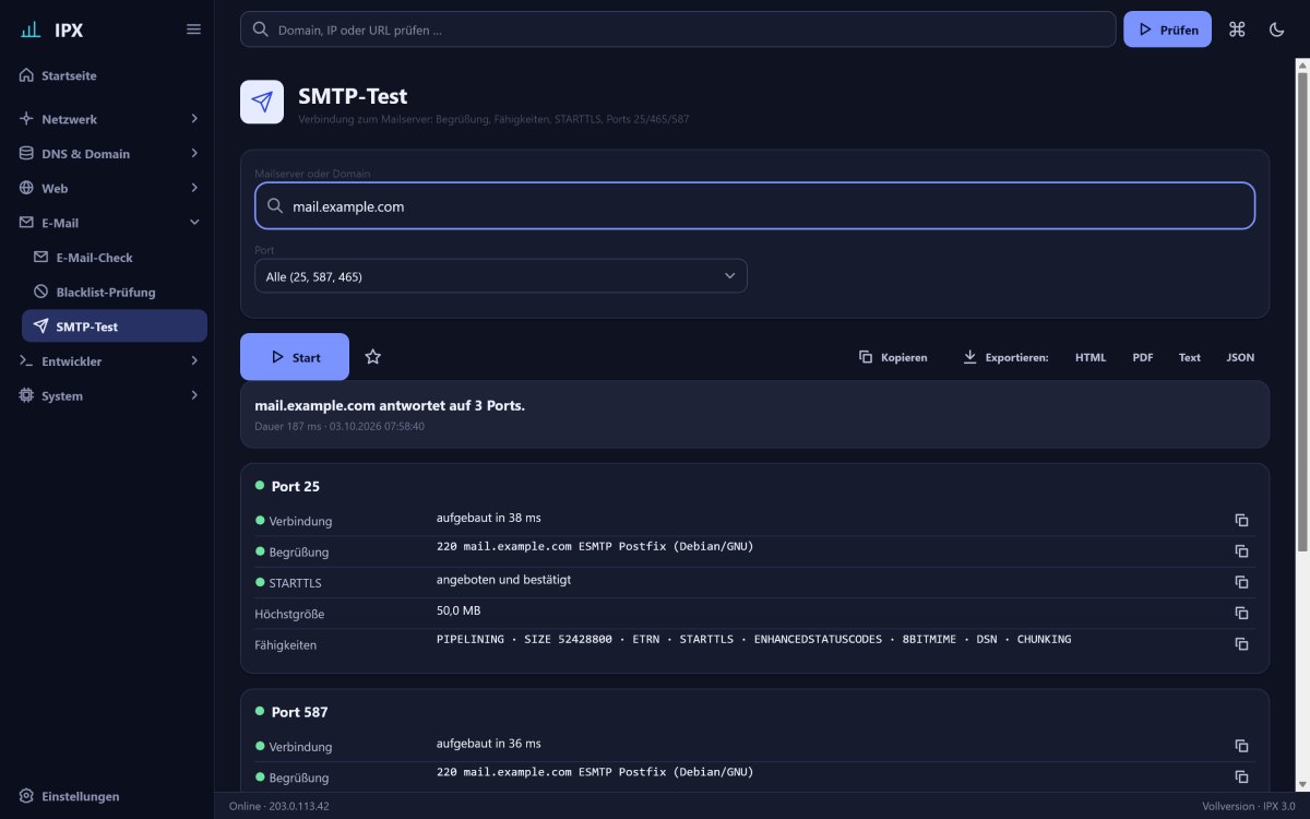 IPX: SMTP-Test – Verbindung zum Mailserver: Begrüßung, Fähigkeiten, STARTTLS, Ports 25/465/587.