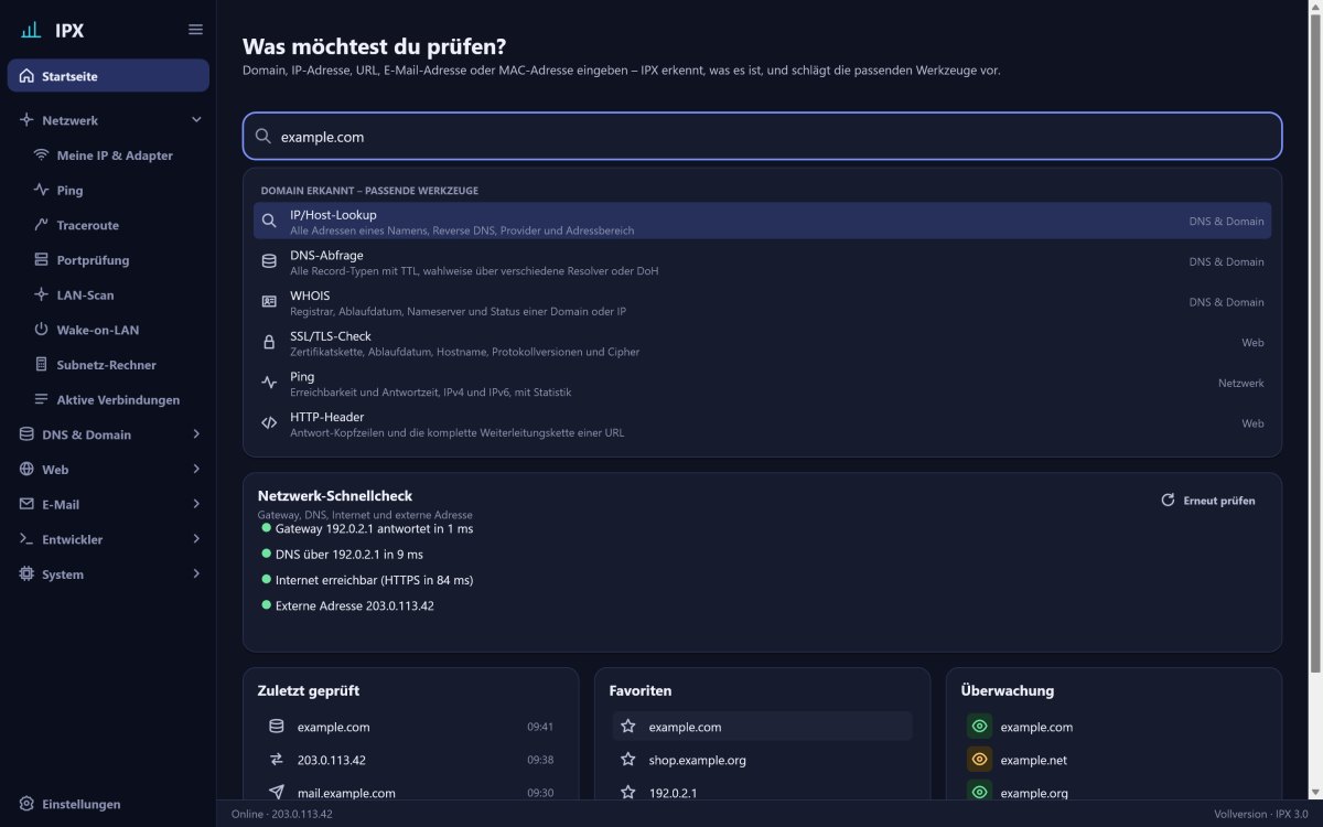 IPX: Startseite mit dem zentralen Eingabefeld, Vorschlägen und Schnellcheck
