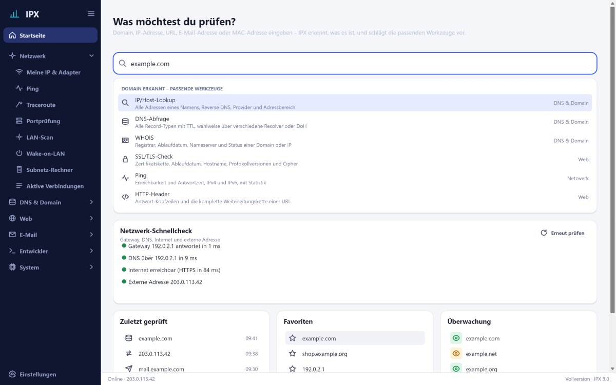 IPX: Startseite mit dem zentralen Eingabefeld, Vorschlägen und Schnellcheck
