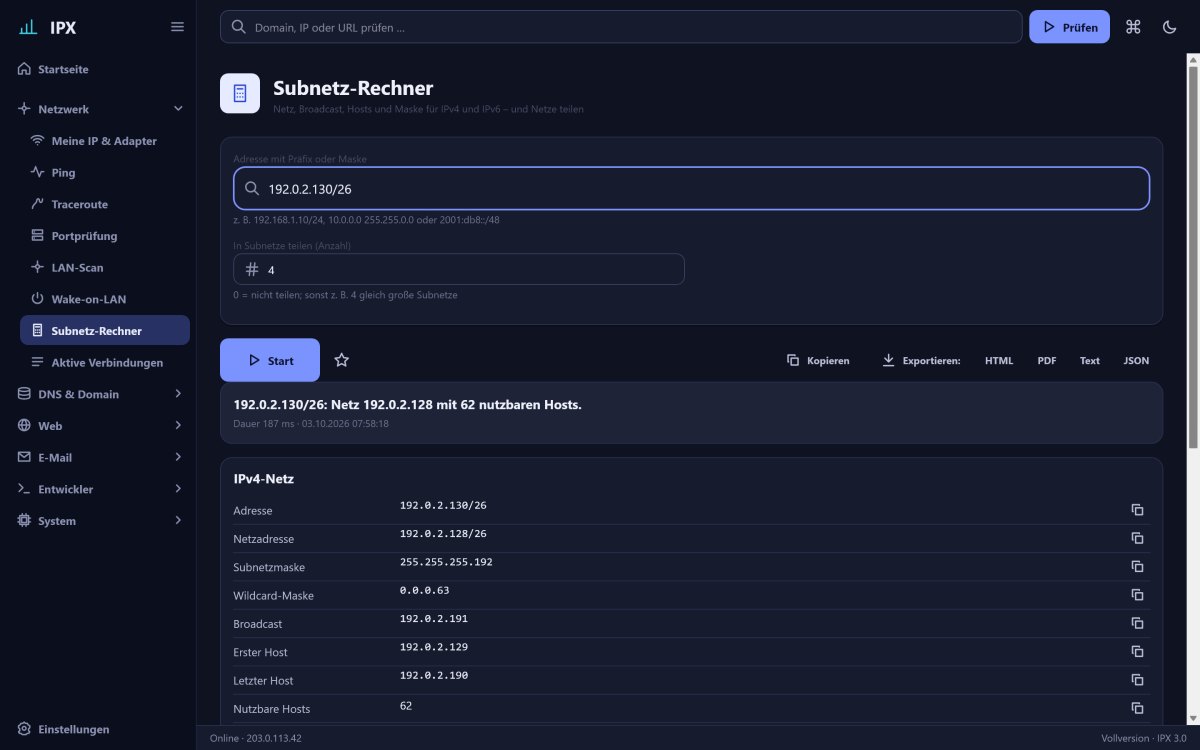 IPX: Subnetz-Rechner – Netz, Broadcast, Hosts und Maske für IPv4 und IPv6, Netze in Subnetze teilen.