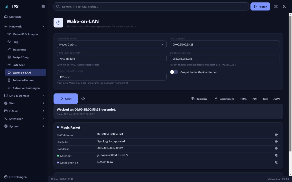 IPX: Wake-on-LAN – Geräte aufwecken, Geräte speichern, Erfolg per Ping prüfen.