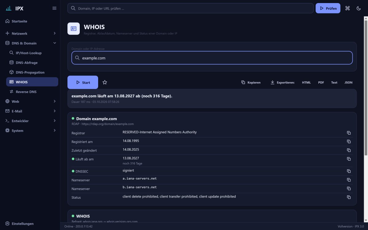 IPX: WHOIS – Registrar, Ablaufdatum, Nameserver und Status – RDAP strukturiert, WHOIS als Text.