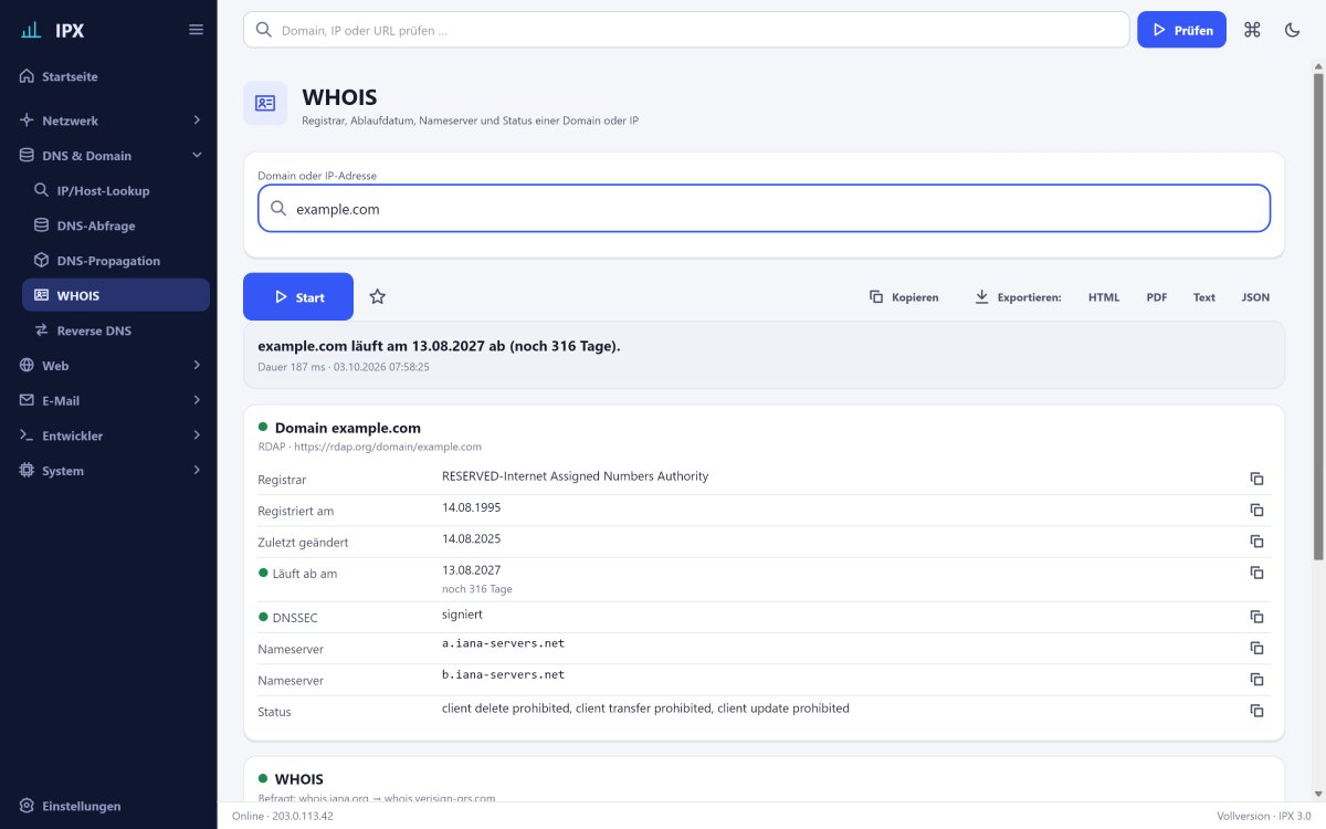 IPX: WHOIS – Registrar, Ablaufdatum, Nameserver und Status – RDAP strukturiert, WHOIS als Text.